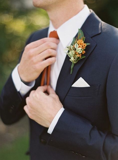 Top 8 Striking Navy Blue Wedding Color Palettes for 2019 Fall---navy and rust groom suit with tie Fall Wedding Suits, Blue Fall Wedding, Navy Groom, Rust Bridesmaid Dress, Fall Wedding Color Schemes, Rusting Wedding, Fall Wedding Color Palette, Groom Wedding Attire, Wedding Color Combos