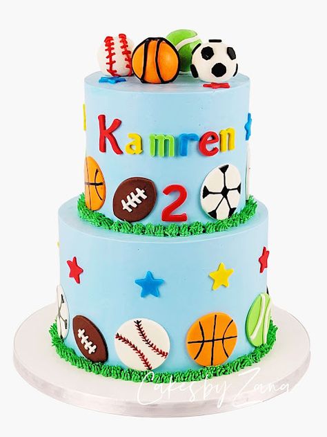 #sportstheme #birthdaycake #cakeartist #cakedecorator #happybirthdayKamren #buttercreamcake Born 2 Ball Birthday Cake, Ball Theme Birthday Cake, Ball Themed Birthday Party Boys, Sports Bday Cake, All Sports Birthday Cake, Ball Cakes For Boys, Sports Theme First Birthday Cake, Sports Cake Ideas, Sports Cakes For Boys Birthdays