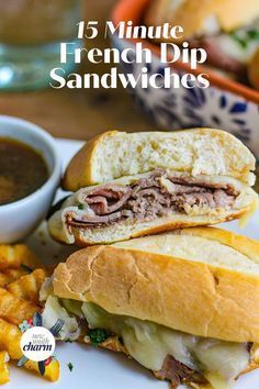 These French Dip Sandwiches with Au Jus from New South Charm are made with sliced roast beef, provolone cheese, and seasonings piled on a roll. This easy, family approved dinner is ready in just 15 minutes. Handheld Recipes, Yellow Bliss Road, French Dip Sandwiches, Dip Sandwiches, Appetizer Sandwiches, French Dip Sandwich, Filling Lunch, Easy Appetizers, Melty Cheese