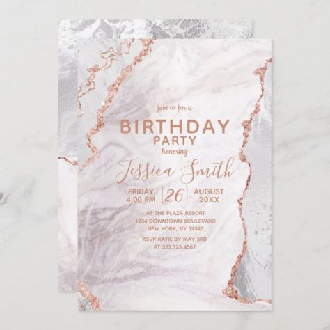 $ 2.95 | White & Rose Gold Agate Marble Foil Birthday Party - birthday party, boy or girl, geode gemstone, gilded elegance, marble agate, fall or winter, rose gold foil, white marble, modern, luxurious gilt Confetti Invitation, Chic Birthday Party, Rose Gold Invitations, Chic Birthday, Birthday Roses, Rose Gold Sparkle, Rose Gold Confetti, Gold Birthday Party, Rose Gold Party