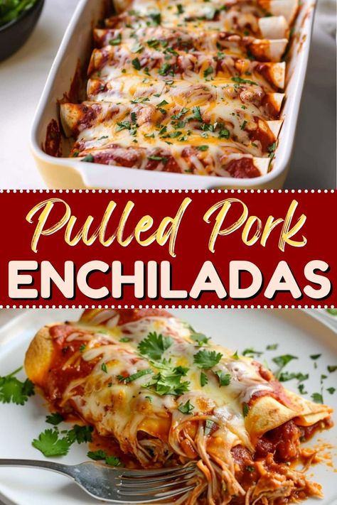 Treat the family to these delicious pulled pork enchiladas! They're smoky, savory, and packed with so much goodness. Insta Pot Recipes Easy, Pulled Pork Crock Pot Recipes Easy, Savory Pulled Pork, Recipe For Pulled Pork, Pulled Pork Dinner, Boneless Pork Shoulder Roast, Pulled Pork Enchiladas, Jackfruit Pulled Pork, Pork Enchiladas