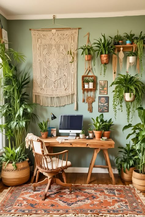 Boho Work Office Decor, Botanical Office Decor, Boho Podcast Studio, Boho Wall Art Ideas, Witchy Office Ideas, Boho Home Office Inspiration, Witchy Office Decor, Boho Gallery Wall Ideas, Office Themes Ideas Decor