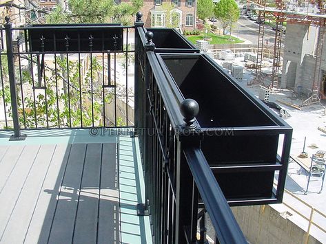 A fabricated steel flower box hanging on a balcony railing. Balcony Planter Boxes, Balcony Railing Planters, Deck Railing Planters, Balcony Planters, Small Balcony Garden, Railing Planters, Balcony Railing Design, Railings Outdoor, Balcony Flowers