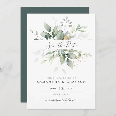 Eucalyptus Greenery Botanical Wedding Save The Date Beautiful Save the date card featuring watercolor eucalyptus and gold leaves. Perfect choice for spring and summer weddings. Rustic Wedding Save The Dates, Eucalyptus Wedding Invitation, Floral Save The Dates, Eucalyptus Greenery, Greenery Wedding Invitations, Eucalyptus Wedding, Wedding Leaves, Save The Date Templates, Save The Date Postcards