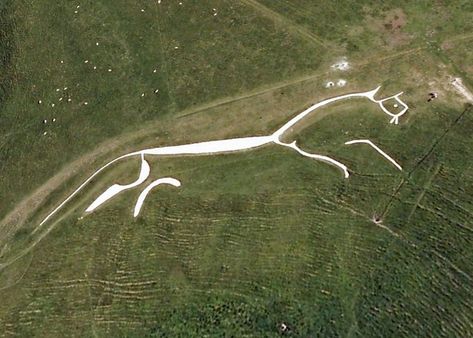 Uffington White Horse in all her glory. Image taken from Google Earth. Uffington White Horse, Ancient Monuments, Oxfordshire England, Nazca Lines, Oxford England, Mystery Of History, Spinner Luggage, White Chalk, White Horses