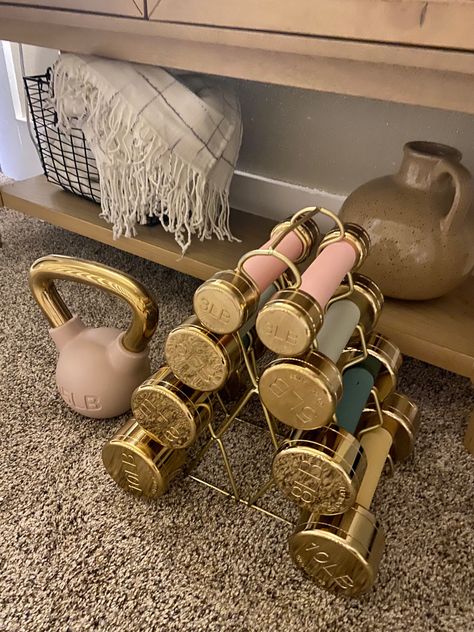 Workout gear Weights Lift Target finds gold Aesthetic Dumbbells, Pink Weights Aesthetic, At Home Gym Aesthetic, Pretty Weights, Gym Weights Aesthetic, Cute Weights, Aesthetic Weights, Weight Lifting Aesthetic, Weights Aesthetic