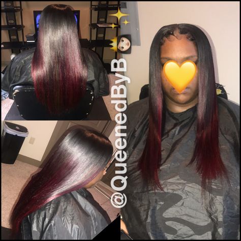 Sew in. Minimum leave out. Edges. Long hair. Red hair. Black hair. Ombre. Long Layered Cut. Red Hair Black Hair, Black Hair Ombre, Hair Black Hair, Long Layered Cuts, Layered Cut, Hair Ombre, Hair Red, Sew In, Long Layers