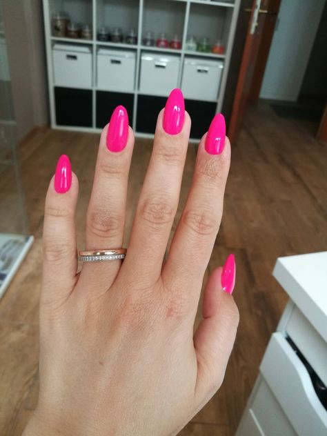 Neon pink nails, almond shape Bright Pink Almond Shaped Nails, Hot Pink Acrylic Almond Nails, Cute Neon Pink Nails, Neon Pink Nails Almond Shape, Bright Pink Acrylic Nails Almond, Hot Pink Almond Shaped Nails, Hot Pink Nails Round, Almond Bright Pink Nails, Almond Shape Hot Pink Nails