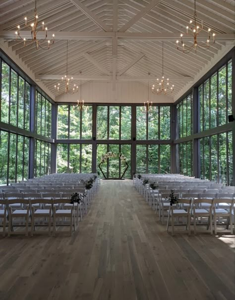 Wedding Venue Large Windows, Wedding Venues Big Windows, Wedding Venues Glass House, Glass Event Space, Greenhouse Event Space, Barndominium Wedding Venue Ideas, Wedding Venue Architecture, Wedding Venue Exterior, Venue Landscaping