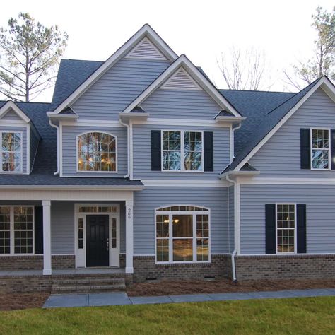 Monochrome Blue House Exterior, Blue House Black Shutters, Light Blue House Exterior, Blue House Exterior, Light Blue Houses, Exterior Home Renovation, Secret Passage, Black Shutters, Blue Exterior