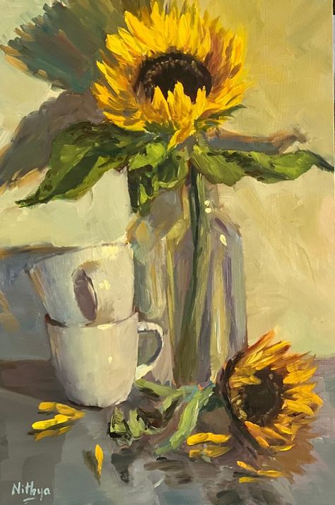 Griffin Painting, Poster Color Painting, Vase With Flowers, Panel Board, Still Life Flowers, Still Life Oil Painting, Still Life Drawing, Sunflower Painting, Painted Vases