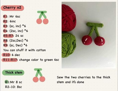 How To Crochet Cherries, Crochet Cherry Pattern, Cherries Crochet, Cherry Crochet Pattern, Cherry Amigurumi, Crochet Cherries, Cherry Crochet, Fruit Crochet, Crochet Cherry