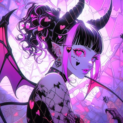 Purple Succubus, Emo Illustration, Aesthetic Goth, Emo Art, Dark Artwork, Demon Girl, Neon Art, Cute Profile Pictures, Pfp Ideas