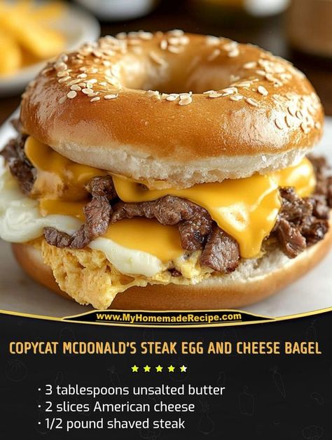 Last minute recipes | Recreate the magic at home with this Copycat McDonald’s Steak Egg and Cheese Bagel | Facebook Dinner Guests Recipes, Steak Bagel, Steak Egg And Cheese Bagel, Copycat Mcdonalds, Recipe Whisper, Egg And Cheese Bagel, Bagel Sandwich Recipes, Burger Sliders Recipes, Shaved Steak