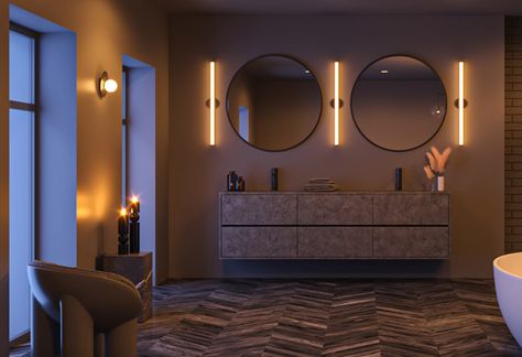 Similar to incandescent and candlelight, Warm Dim technology gives LED bulbs and fixtures a soft, warm glow. Dim Bathroom Lighting, Dim Bathroom, Roly Poly Chair, Angled Wall, Dim Light, Decorative Wall Sconces, Contemporary Wall Sconces, Andrew Martin, Concrete Color