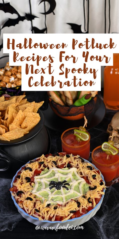 Discover a collection of Halloween potluck recipes that are frightfully delightful and perfect for your next spooky celebration!🕸️ It's time to unleash your inner chef and surprise your guests with an eerie spread of delicious dishes! 🦇😋 Spooky Pot Luck Ideas, Spooky Soup Recipes, Scary Side Dishes For Halloween, Instant Pot Halloween Recipes, Halloween Potluck Recipes For Work, Halloween Potato Salad, Halloween Potluck Main Dish, Halloween Sides Dishes Spooky, Halloween Dish To Pass Ideas