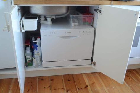 Compact "countertop" dishwasher. Could remove last one and use one of these if desired Countertop Dishwasher Ideas, Dishwasher Small Kitchen, Portable Dishwasher Stand, Small Dishwasher Under Sink, Dishwasher Under Sink, Portable Dishwasher Cabinet, Small Island Sink Dishwasher, Portable Dishwasher Ideas, Portable Dishwasher Ideas Small Kitchens