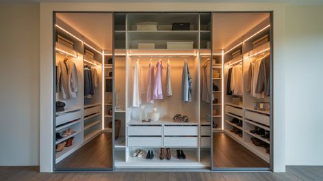 Elevate your closet space with soft, warm LED lighting that highlights every detail of your wardrobe! This modern walk-in closet features sleek built-in lighting, making it easy to organize and display your favorite pieces. If you're looking for brilliant shelf closet lighting ideas, consider integrating LED strips along shelves and hanging sections for a luxurious and functional design. Perfect for fashion lovers and home organization enthusiasts. Closet Lighting Ideas, Led Shelf Lighting, Led Shelf, Shelf Closet, Closet Features, Shelf Lighting, Closet Lighting, Closet Shelves, Closet Space