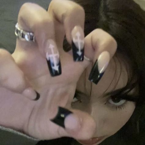 Cross Nail Designs, Cross Nails, Goth Nails, Y2k Nails, Funky Nails, Cross Designs, Cute Acrylic Nails, Black Nails, Swag Nails