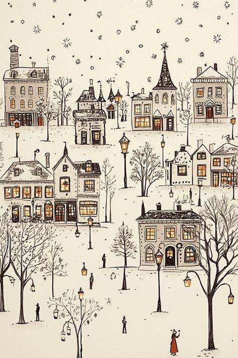 Christmas Street Illustration, Christmas Sketching Ideas, Christmas Drawing Landscape, Drawing Winter Ideas, Christmas Houses Drawings, Winter Scene Illustration, Christmas Houses Illustration, Winter Village Drawing, Christmas City Illustration