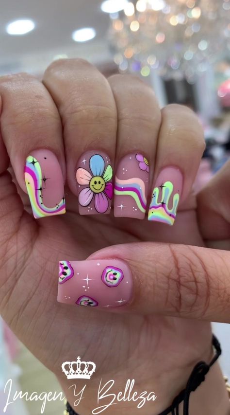 Carebear Nails Designs, Lisa Frank Nails, Pop Nails, Unique Nail Art Designs, Short Nails Summer, Rave Nails, Funky Nail Art, Hippie Nails, Nails 2023