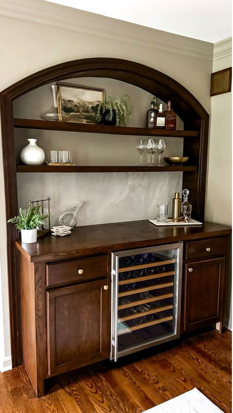 Custom Dry Bar | The Gibby Home Corner Dry Bar Ideas, Bar Nook Ideas, Kitchen Dry Bar, Diy Stone Backsplash, Wall Bar Ideas, Bar Cabinets For Home, Liquor Cabinet Ideas, Dry Bar Ideas, Kitchen Bar Ideas