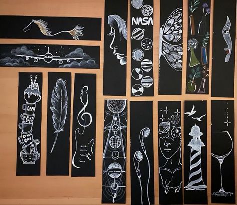 Bookmark On Black Paper, Book Marks Black And White, Black Bookmark Ideas, Bookmarks Black And White, Black And White Bookmarks, Artist Corner, Black And White Books, Handmade Bookmarks Diy, Bookmark Ideas