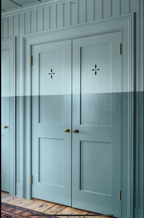 Interior Door Inspiration, Vented Pantry Door, Tongue And Groove Wardrobe, Cabinet Cutouts, Navy Pocket Door, Ventilated Cupboard Doors, Tongue And Groove Hidden Door, Blue Closet Doors, Tongue And Groove Cupboard Doors