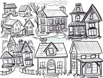 Drawing Houses and Textures guide by ashcanworks | TpT Creative House Drawing, Hauses Drawings, Nature House Drawing, How To Draw Houses, Step By Step House Drawing, Doodle Houses, Many Houses Drawing, Cottage House Drawing, Cute Town