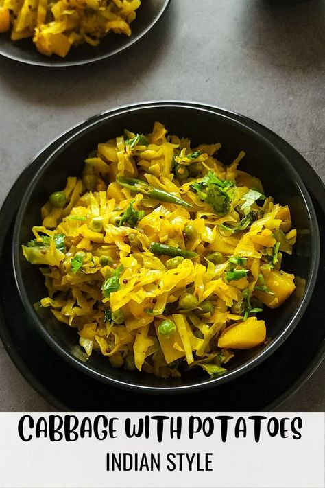 A bowl of Indian style cabbage with potatoes Cabbage Recipes Indian, Cabbage With Potatoes, Potato Masala Recipe, Potato Sabji, Cooked Vegetable Recipes, Easy Cabbage Recipes, Saag Aloo, Regional Recipes, Vegan Main Course