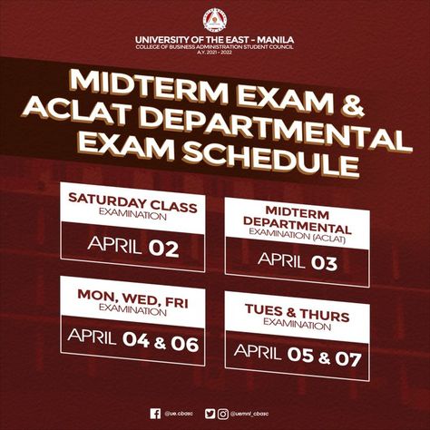 UE MNL CBASC Examination Schedules School PubMat | CLAIRE MARIE Midterms Pubmat, Announcement Pubmat Ideas, News Pubmat, Back To School Pubmat, Announcement Poster Layout, Announcement Pubmat, School Pubmat, Graphic Design Schedule, Pubmat Layout