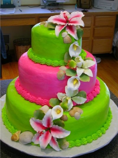 Tropical Wedding By rfielhau on CakeCentral.com Tropical Wedding Cakes, Tiered Birthday Cake, Tropical Cake, Tropical Wedding Cake, Hawaiian Cake, Tropical Desserts, Sugar Paste Flowers, Beach Cake, Painted Cake