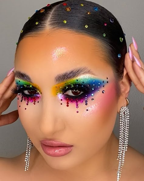 Pride Rhinestone Makeup, Rainbow Gem Makeup, Rainbow Rhinestone Makeup, Rainbow Makeup Looks, Crazy Eye Makeup, Gem Makeup, Pop Makeup, Rhinestone Makeup, I Lied