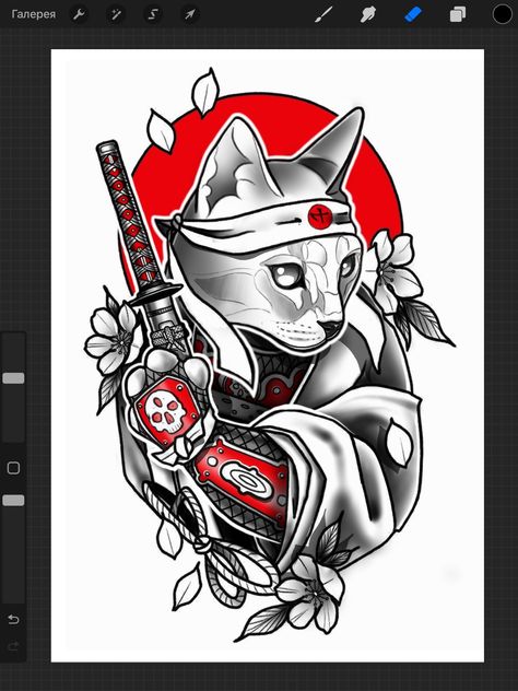 Cat Samurai Tattoo Design, Animal Samurai Tattoo, Japan Cat Tattoo, Cat Tattoo Japanese, Japanese Cat Tattoo, Chest Tattoo Japanese, Samurai Cat Tattoo, Tattoo Sketch Art, Japanese Tatto