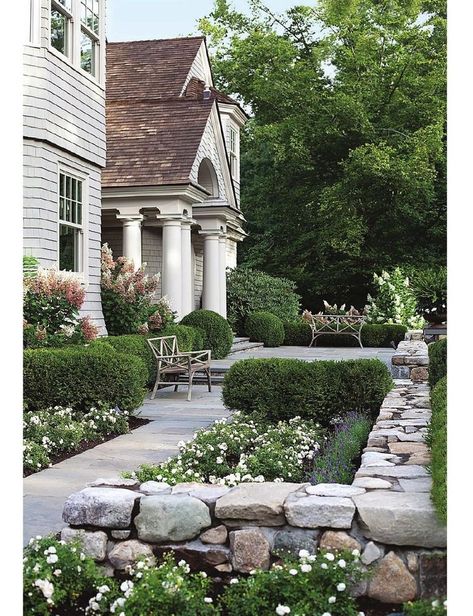 Shrub Wall, Hamptons Landscaping, Georgian Garden, 2023 Landscape, Landscape Shrubs, Garden Pathways, Cottage Coastal, House Facade, Foundation Planting