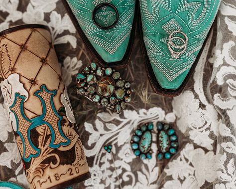 Turquoise Cowboy Boots Wedding, Country Wedding Detail Shots, Dark Teal Western Wedding, Black And Turquoise Western Wedding, Western Wedding Teal, Western Wedding With Turquoise, Turquoise Western Wedding Theme, Teal Western Wedding, Western Turquoise Wedding