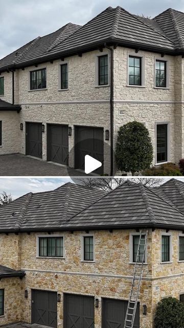 Romabio Paints on Instagram: "Stop painting outdated stone with ‘regular paint’!  Comment “stone”to get a link to our blog about 4 Ways to Update Stone with Romabio products.   Shown in this video: Romabio Preferred PRO team @highlandpaintingdfw color shifting an outdated yellow stone exterior with Romabio Venetian Glaze in Riposo Beige. This creates a beautifully organic, modern stone facade that allows the home’s design to shine.   Massive curb appeal achieved! ✨  Click the link in our bio to connect with a Romabio Preferred PRO near you.   #Limewash limewash  #mssonry masonry #stonehouse stone house  #paintedstone painted stone" Before And After Limewash Brick, Yellow Stone Update, Modern Stone Facade, Stone House Facade, Rock House Exterior, Brick And Stone Exterior Combinations, Stone And Brick House Exterior, Acme Brick, Exterior Color Combinations