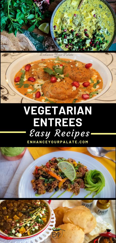 Healthy vegetarian entrees and side dishes for Main Course that go along with Indian flat breads, rice and other side dishes. Some of these recipes could be used as one-pot or on-the-go meals. All recipes are nutritionally enhanced by using modified healthy cooking techniques and super-food ingredients.  #VegetarianRecipes #GlutenFreeRecipes #InstantPotRecipes #IndianEntrees #IndianVegetarianCurries #IndianRecipes #OnepotMeals Vegetarian One Pot Meals, Indian Entree, Vegetarian Recipes For Beginners, Veggie Main Dishes, Flat Breads, Curry Recipes Indian, Vegetarian Entrees, Super Food, Food Ingredients