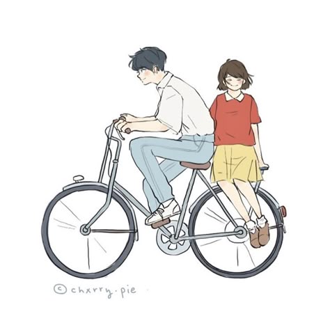 Two People On A Bike, Bicycle Couple, Ghibli Illustration, Bicycle Sketch, Cycle Pictures, Prop Background, Bicycle Drawing, Cycle Drawing, Bicycle Illustration