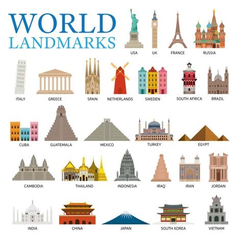 World landmarks flat icon set Royalty Free Vector Image World Landmarks, European Languages, Flat Icons Set, Historical Buildings, Travel Icon, Travel Illustration, Famous Places, Icon Set Vector, Flat Icon