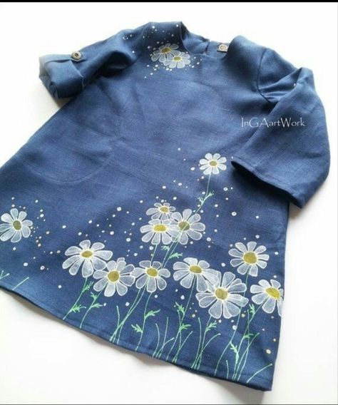 Flower Girl Dresses Navy, Fabric Paint Shirt, Flower Girl Dresses Blue, Long Flower Girl Dresses, Hand Painted Dress, Dress Painting, Hand Painted Clothing, Paint Shirts, Vintage Girls Dresses