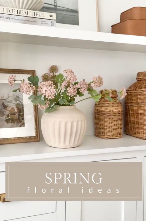 Decorating with flowers is the ultimate way to create seasonal moments in your home. Spring flowers will brighten any room! Spring Flower Decor Home, Flowers On Shelves, Spring Kitchen Shelf Decor, Home Decor Ideas For Spring, Spring Shelves Decor, Neutral Spring Home Decor, Spring Home Decor 2025, 2025 Spring Decor Trends, Spring Decor Home