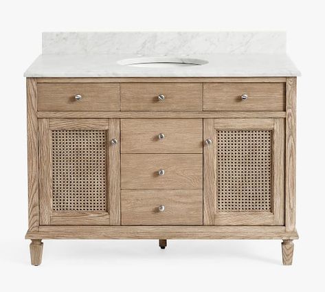 Bathroom Vanities, Vanity Cabinets & Vanity Tops | Pottery Barn Powder Room Coastal, Townhome Bathroom, Cottage Master Bath, Bathroom Moody, Zellige Tile Bathroom, Pottery Barn Sausalito, Moody Powder Room, Vanity Desks, Gray Basement