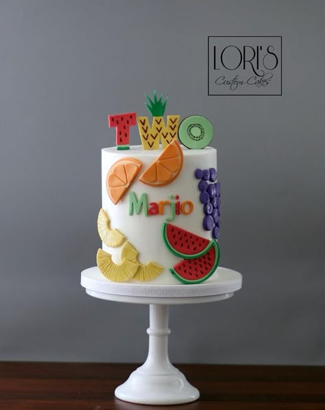 Twotti Fruity Birthday Cake, Fruit Theme Cake, Fruit Themed Cake, Twotti Fruity, Tutti Frutti Birthday Party, Fruit Birthday Cake, Fruit Cake Design, 1st Bday Cake, Fruit Birthday Party