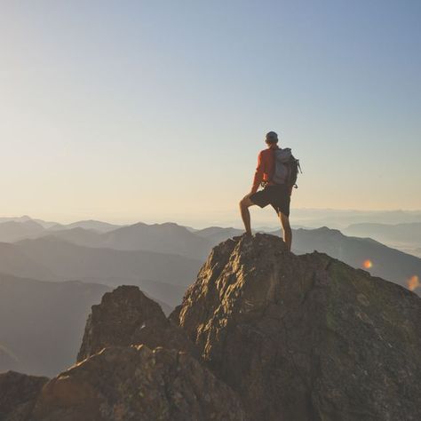 Photograph of adventurous backpacker standing on mountain peak, North Cascades National Park, Washington State, USA Random Person Photo, Standing On A Mountain, Cascades National Park Washington, Adventure Pictures, Random Reference, Climbing A Mountain, Climb A Mountain, Adventure Picture, Cascades National Park