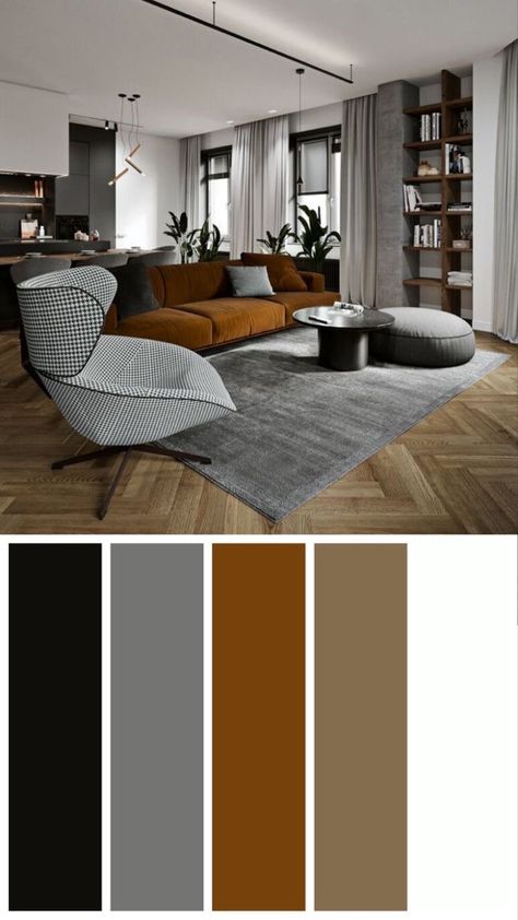 Interior Design Living Room Modern Colour Schemes, Olive Green And Navy Blue Living Room, Soft Industrial Decor Bedroom, Black Brown Grey Living Room, Home Interior Color Palette, Colour Palette For Living Room, Color Palette For Living Room, Living Room Color Palette, Interior Color Palette