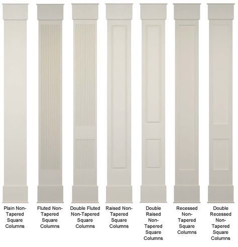 Square Wood Columns Interior, Colonial Porch Columns, Patio Column Wraps, Exterior Column Wraps, Interior Column Wraps, Modern Columns Interior, Indoor Columns Ideas, Wood Columns Interior, Basement Column Ideas