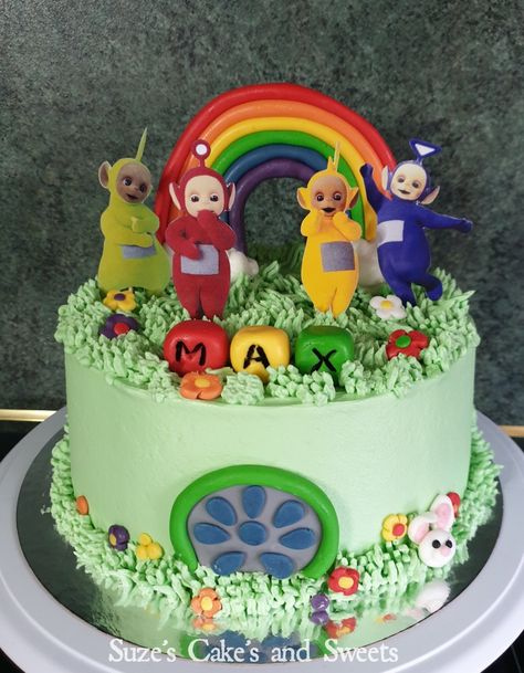 Teletubbies 1st Birthday Cake, Telly Tubbies Cake, Teletubbies Party Ideas, Teletubbies Birthday Party, Teletubbies Birthday, Teletubbies Cake, 1st Bday Cake, Superhero Birthday Cake, Farm Themed Birthday Party