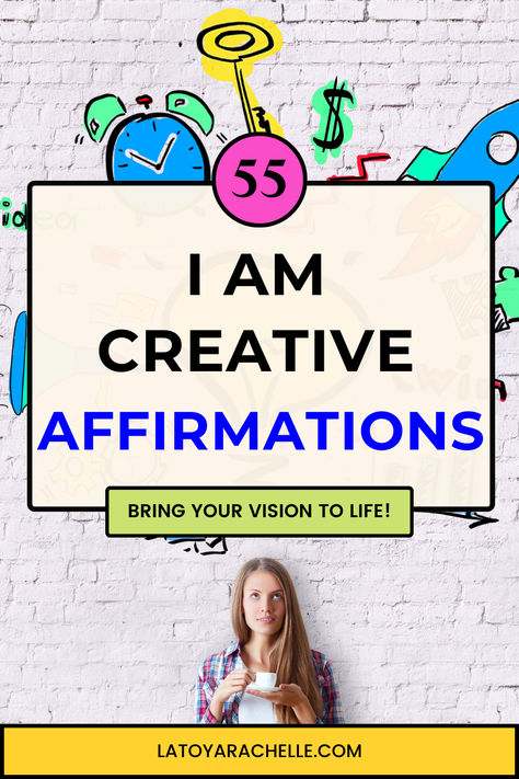 woman staring at a burst of colorful ideas over her head, text reads - 55 I am creative affirmations bring your vision to life Creativity Affirmations, Creative Affirmations, Successful Lifestyle, List Of Affirmations, Career Help, Empowering Affirmations, I Am Creative, Positive Affirmation Cards, Affirmations For Kids