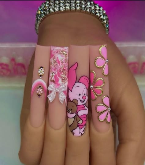 Winnie The Pooh Valentines Day Nails, Beauty And The Beast Nails Designs, Piglet Nails, Pooh Nails, Beauty And The Beast Nails, Nails Freestyle, Disney Princess Nails, Shower Nails, Theme Nails